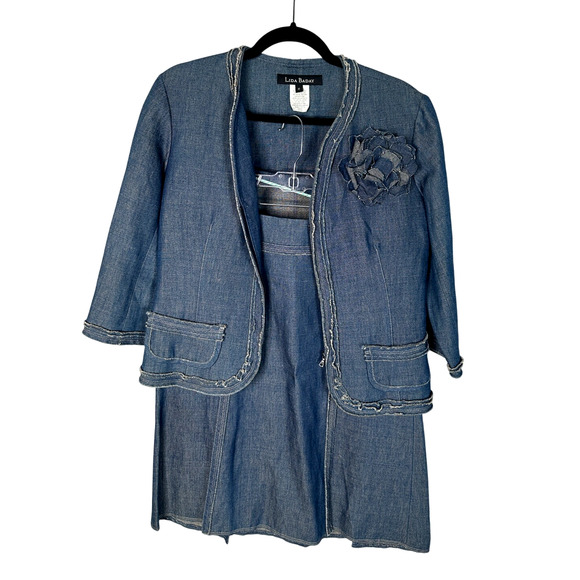 Neiman Marcus 10 Lida Baday $1200 Denim Skirt Set Linen Blazer Jean Skirt Blue - Picture 2 of 14